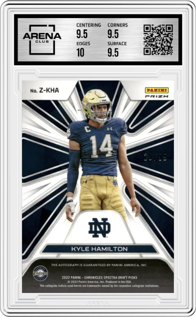 Kyle Hamilton from the 2022 Panini Chronicles Draft Picks set graded by Arena Club and given an overall grade of 10.