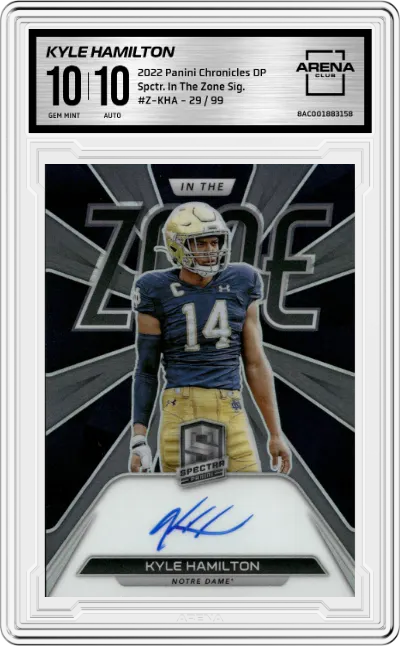Kyle Hamilton from the 2022 Panini Chronicles Draft Picks set graded by Arena Club and given an overall grade of 10.