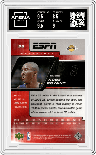 Kobe Bryant from the 2005-06 Upper Deck ESPN set graded by Arena Club and given an overall grade of 9.
