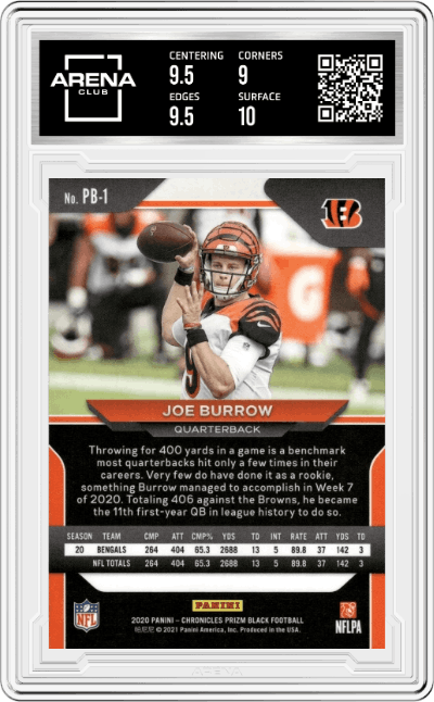 Joe Burrow from the 2020 Panini Chronicles set graded by Arena Club and given an overall grade of 9.5.