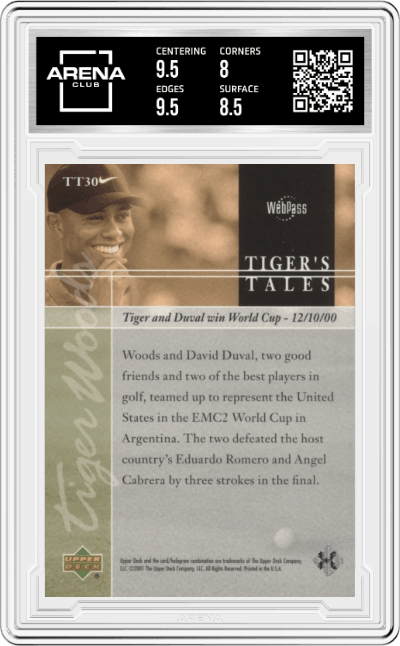 Tiger Woods from the 2001 Upper Deck set graded by Arena Club and given an overall grade of 8.5.