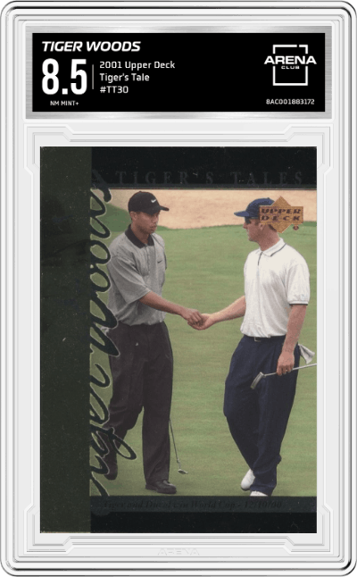Tiger Woods from the 2001 Upper Deck set graded by Arena Club and given an overall grade of 8.5.