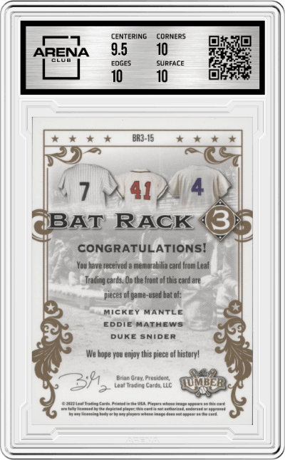 Mickey Mantle/Eddie Mathews/Duke Snider from the 2022 Leaf Lumber set featuring a Bronze parallel graded by Arena Club and given an overall grade of 10.