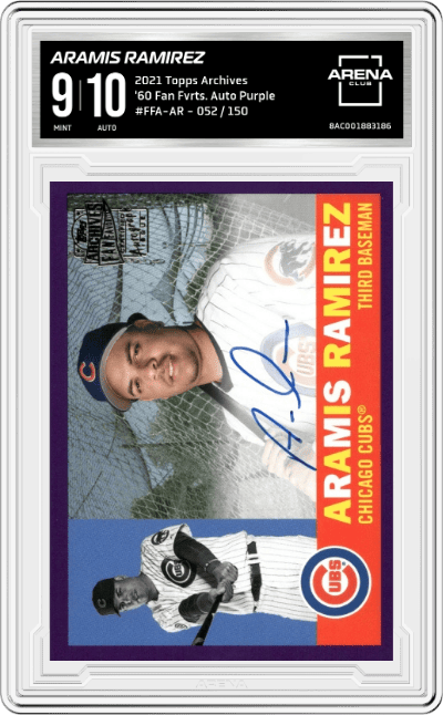 Aramis Ramirez from the 2021 Topps Archives set featuring a Purple parallel graded by Arena Club and given an overall grade of 9.