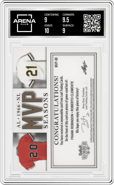 Frank Robinson/Roberto Clemente from the 2022 Leaf Lumber set featuring a Navy Blue parallel graded by Arena Club and given an overall grade of 9.5.