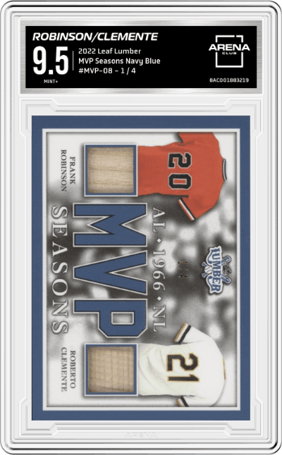 Frank Robinson/Roberto Clemente from the 2022 Leaf Lumber set featuring a Navy Blue parallel graded by Arena Club and given an overall grade of 9.5.