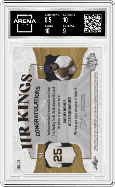 Barry Bonds/Alex Rodriguez from the 2022 Leaf Lumber set featuring a Platinum parallel graded by Arena Club and given an overall grade of 9.5.