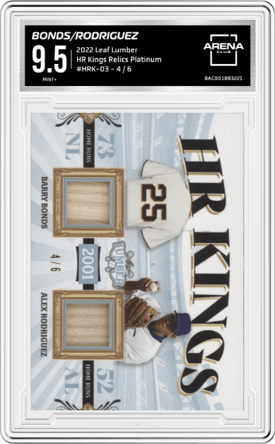 Barry Bonds/Alex Rodriguez from the 2022 Leaf Lumber set featuring a Platinum parallel graded by Arena Club and given an overall grade of 9.5.
