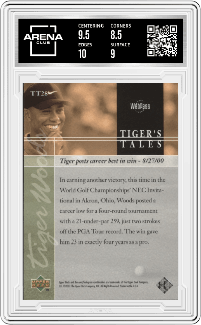 Tiger Woods from the 2001 Upper Deck set graded by Arena Club and given an overall grade of 9.