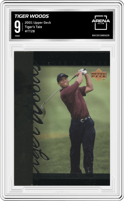 Tiger Woods from the 2001 Upper Deck set graded by Arena Club and given an overall grade of 9.