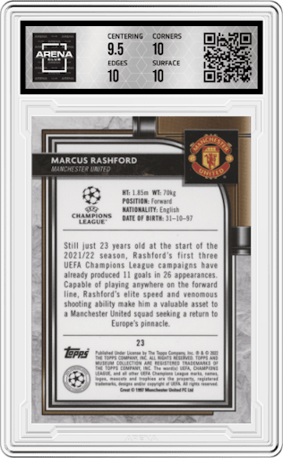 Marcus Rashford from the 2021-22 Topps Museum Collection UCL set graded by Arena Club and given an overall grade of 10.
