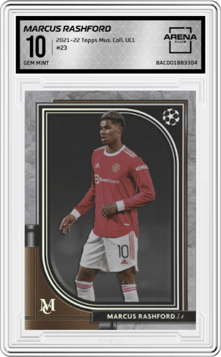 Marcus Rashford from the 2021-22 Topps Museum Collection UCL set graded by Arena Club and given an overall grade of 10.