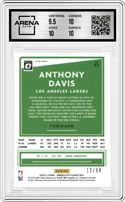 Anthony Davis from the 2020-21 Panini Donruss Optic set featuring a Choice Red parallel graded by Arena Club and given an overall grade of 10.