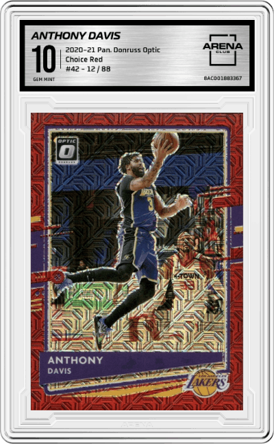 Anthony Davis from the 2020-21 Panini Donruss Optic set featuring a Choice Red parallel graded by Arena Club and given an overall grade of 10.