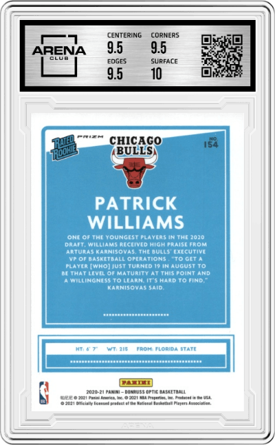 Patrick Williams from the 2020-21 Panini Donruss Optic set featuring a Holo parallel graded by Arena Club and given an overall grade of 10.