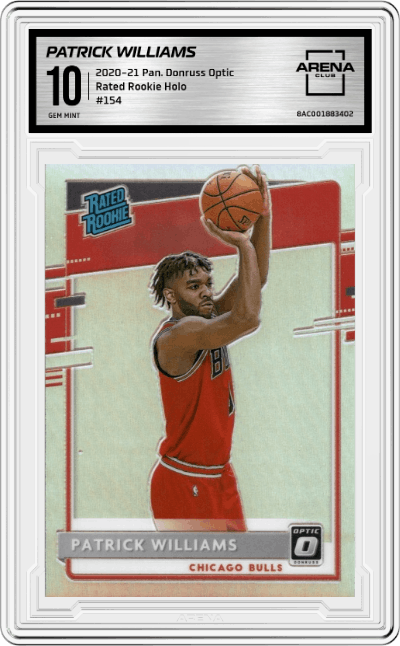 Patrick Williams from the 2020-21 Panini Donruss Optic set featuring a Holo parallel graded by Arena Club and given an overall grade of 10.