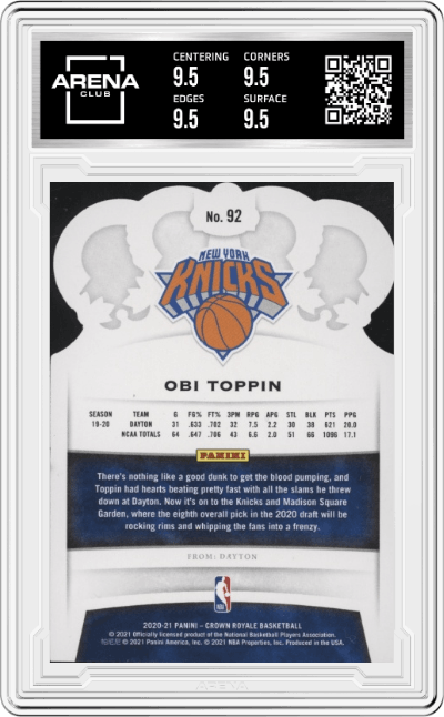 Obi Toppin from the 2020-21 Panini Crown Royale set featuring a Crystal parallel graded by Arena Club and given an overall grade of 9.5.