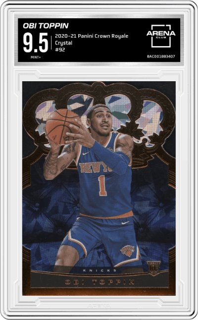 Obi Toppin from the 2020-21 Panini Crown Royale set featuring a Crystal parallel graded by Arena Club and given an overall grade of 9.5.