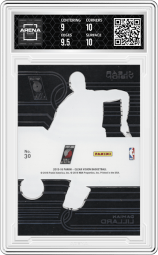 Damian Lillard from the 2015-16 Panini Clear Vision Basketball set featuring a Blue parallel graded by Arena Club and given an overall grade of 9.5.