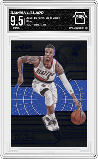 Damian Lillard from the 2015-16 Panini Clear Vision Basketball set featuring a Blue parallel graded by Arena Club and given an overall grade of 9.5.