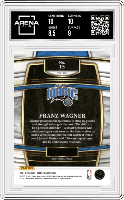 Franz Wagner from the 2021-22 Panini Select set featuring a Tri-Color Prizm parallel graded by Arena Club and given an overall grade of 9.
