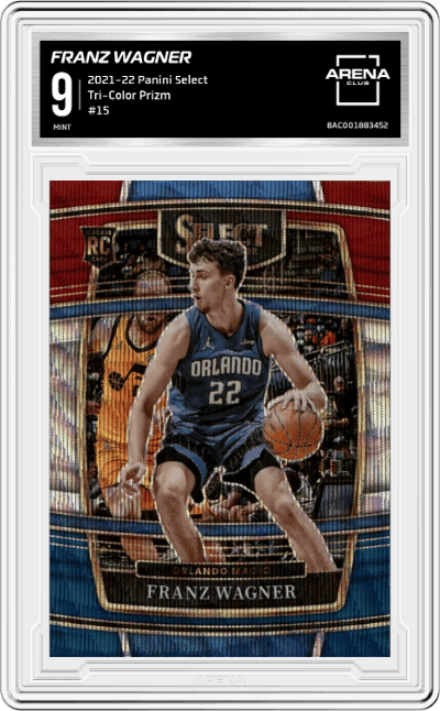 Franz Wagner from the 2021-22 Panini Select set featuring a Tri-Color Prizm parallel graded by Arena Club and given an overall grade of 9.