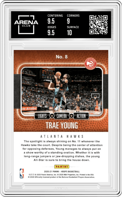 Trae Young from the 2020-21 Panini NBA Hoops set featuring a Green Explosion parallel graded by Arena Club and given an overall grade of 9.5.