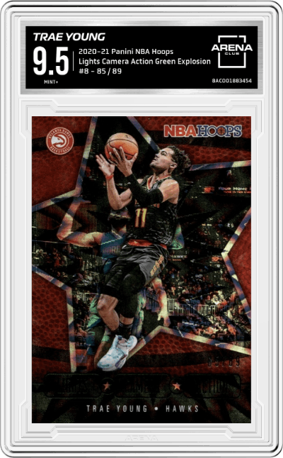 Trae Young from the 2020-21 Panini NBA Hoops set featuring a Green Explosion parallel graded by Arena Club and given an overall grade of 9.5.