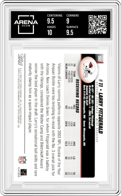 Larry Fitzgerald from the 2004 Topps set graded by Arena Club and given an overall grade of 9.5.