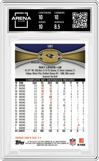 Ray Lewis from the 2012 Topps Chrome set featuring a Refractor parallel graded by Arena Club and given an overall grade of 9.