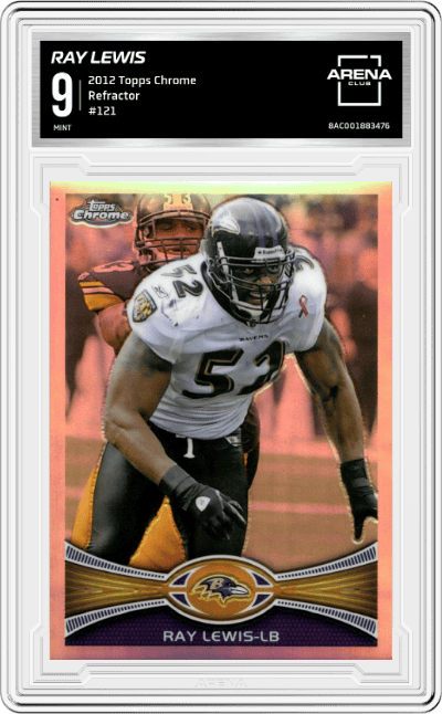 Ray Lewis from the 2012 Topps Chrome set featuring a Refractor parallel graded by Arena Club and given an overall grade of 9.