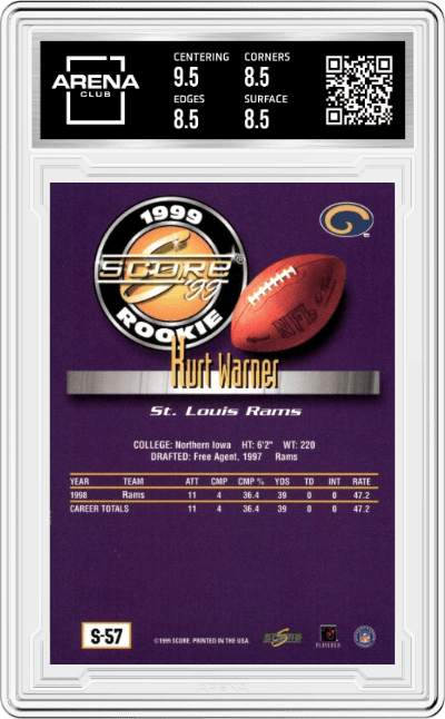 Kurt Warner from the 1999 Score Supplemental set graded by Arena Club and given an overall grade of 9.