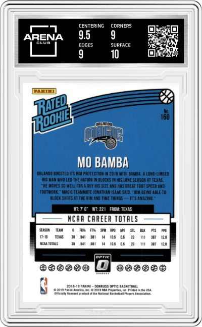 Mo Bamba from the 2018-19 Panini Donruss Optic set graded by Arena Club and given an overall grade of 9.5.