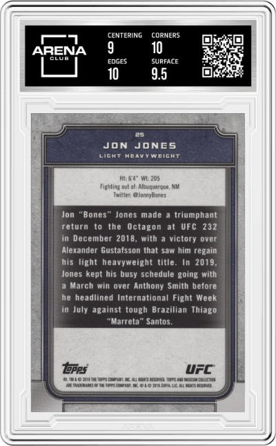 Jon Jones from the 2019 Topps UFC Museum Collection MMA set featuring a Copper parallel graded by Arena Club and given an overall grade of 9.5.