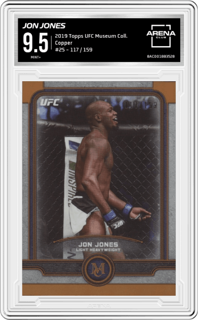 Jon Jones from the 2019 Topps UFC Museum Collection MMA set featuring a Copper parallel graded by Arena Club and given an overall grade of 9.5.