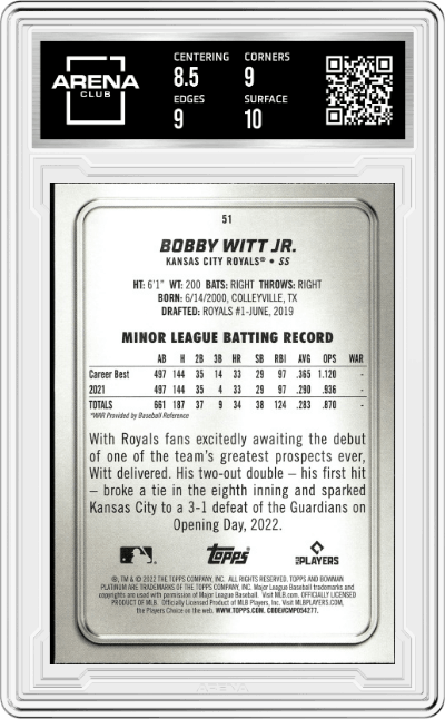 Bobby Witt Jr. from the 2022 Bowman Platinum set graded by Arena Club and given an overall grade of 9.