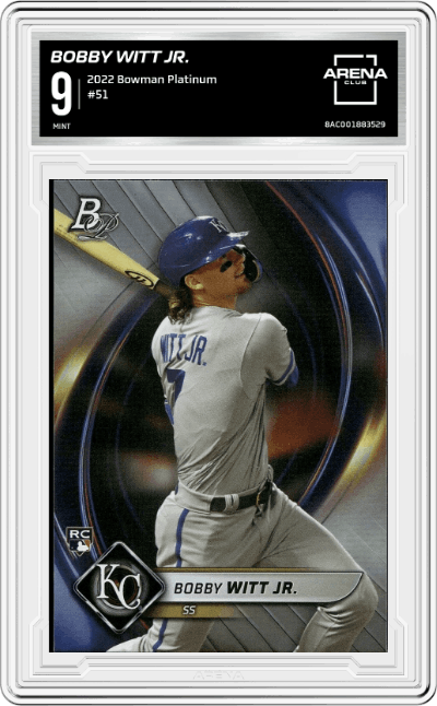 Bobby Witt Jr. from the 2022 Bowman Platinum set graded by Arena Club and given an overall grade of 9.