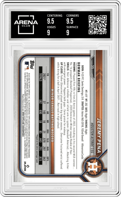Jeremy Pena from the 2022 Bowman Chrome set graded by Arena Club and given an overall grade of 9.5.