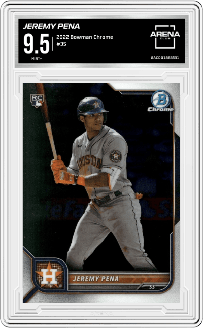 Jeremy Pena from the 2022 Bowman Chrome set graded by Arena Club and given an overall grade of 9.5.