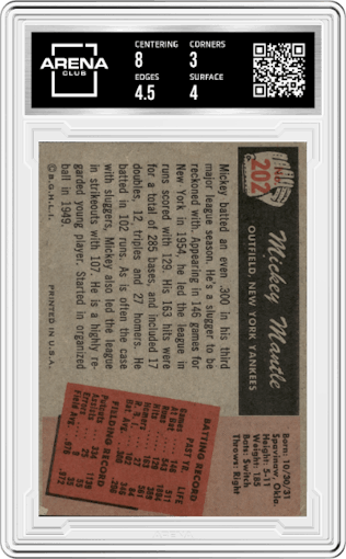 Mickey Mantle from the 1955 Bowman set graded by Arena Club and given an overall grade of 3.5.