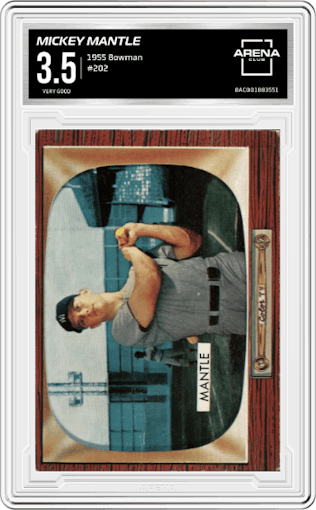 Mickey Mantle from the 1955 Bowman set graded by Arena Club and given an overall grade of 3.5.
