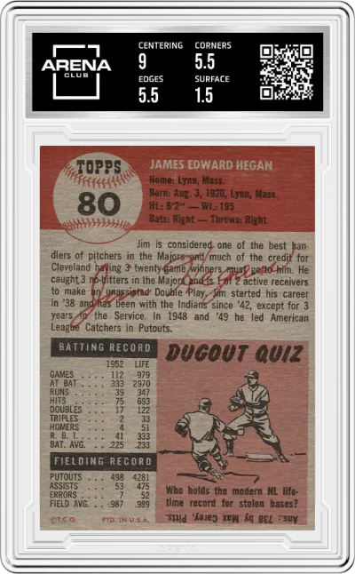 Jim Hegan from the 1953 Topps set graded by Arena Club and given an overall grade of 3.5.