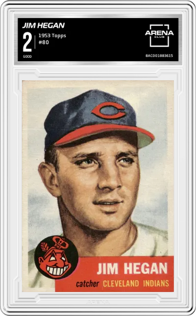 Jim Hegan from the 1953 Topps set graded by Arena Club and given an overall grade of 3.5.