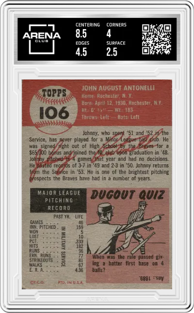 John Antonelli from the 1953 Topps set graded by Arena Club and given an overall grade of 3.
