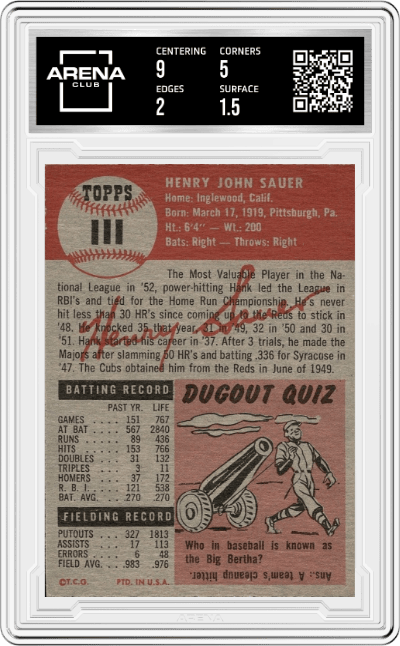 Hank Sauer from the 1953 Topps set graded by Arena Club and given an overall grade of 2.