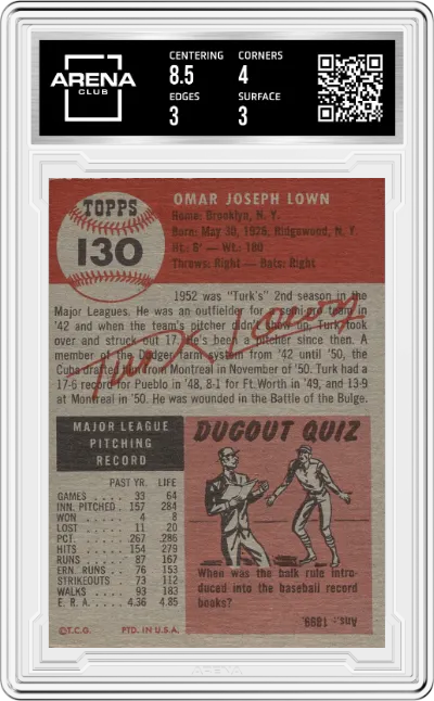 Turk Lown from the 1953 Topps set graded by Arena Club and given an overall grade of 3.5.