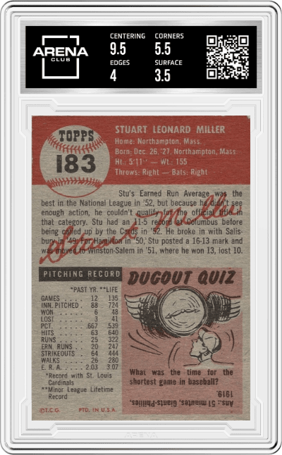 Stu Miller from the 1953 Topps set graded by Arena Club and given an overall grade of 4.