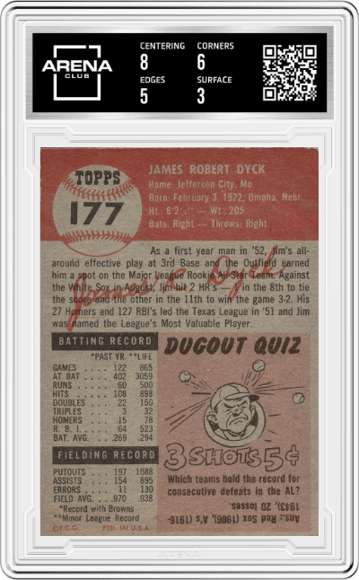 Jim Dyck from the 1953 Topps set graded by Arena Club and given an overall grade of 3.5.