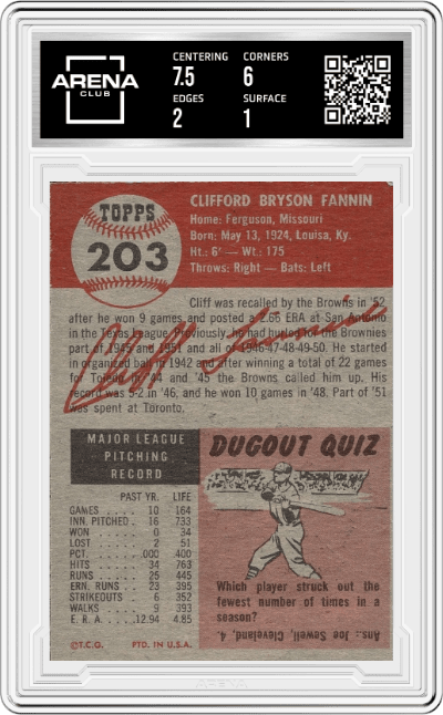 Cliff Fannin from the 1953 Topps set graded by Arena Club and given an overall grade of 1.5.