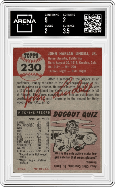 Johnny Lindell from the 1953 Topps set graded by Arena Club and given an overall grade of 2.5.